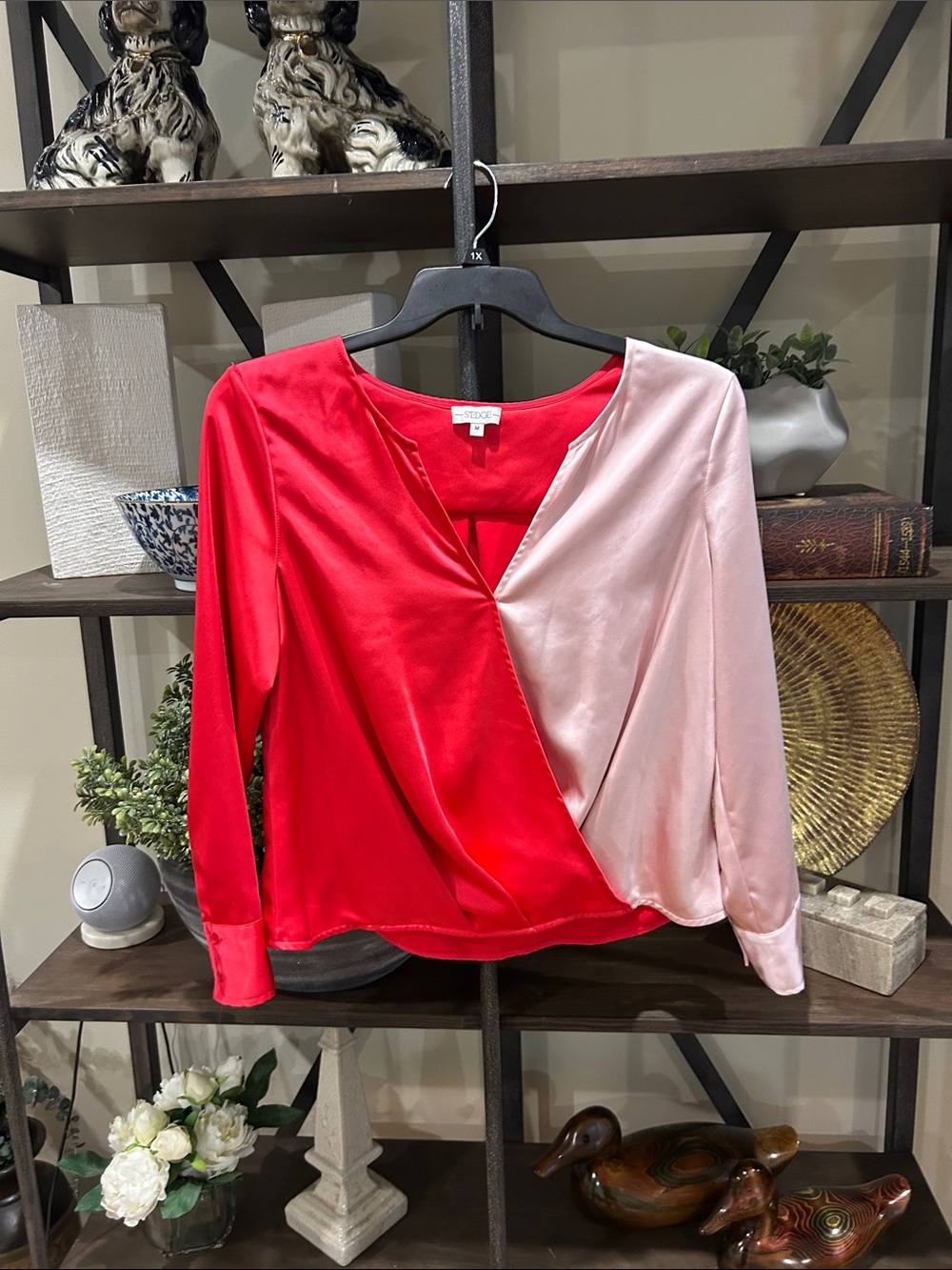 Sedge medium Two-Tone Red and Blush Wrap-Front Blouse